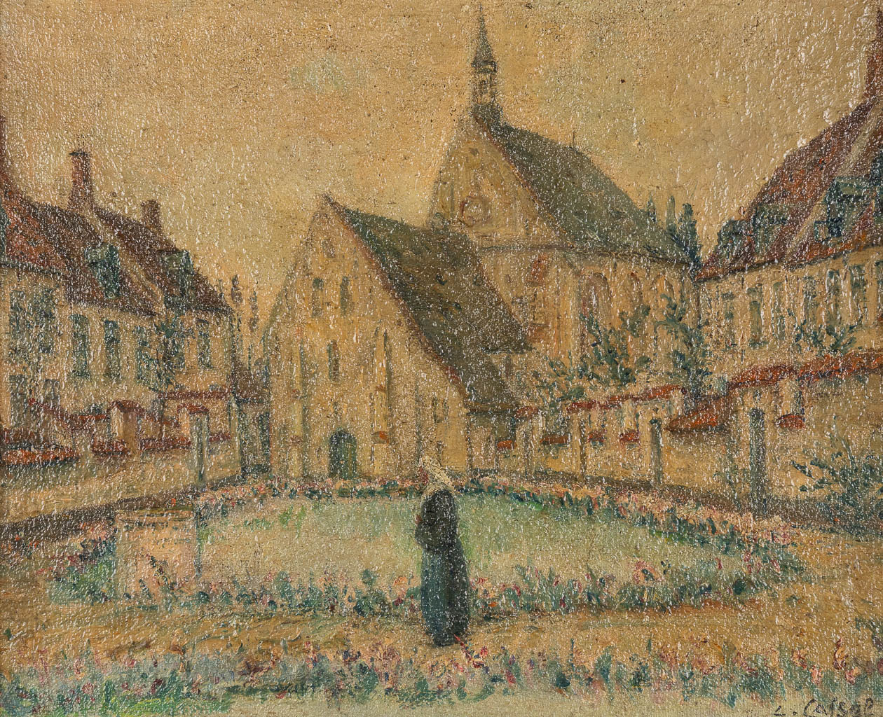 Léon CASSEL (1873-1961) 'The Courtyard' oil on canvas. (W:45 x H:36 cm)