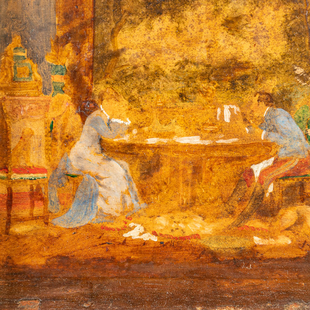 Geen handtekening gevonden 'Het diner' een antieke foto, met highlights van olieverf. 19de eeuw. (13,5 x 9,5 cm)