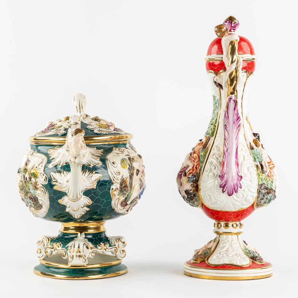 Two vases and a plate, glazed faience, Capodimonte, Italy. (L:21 x W:30 x H:54 cm)