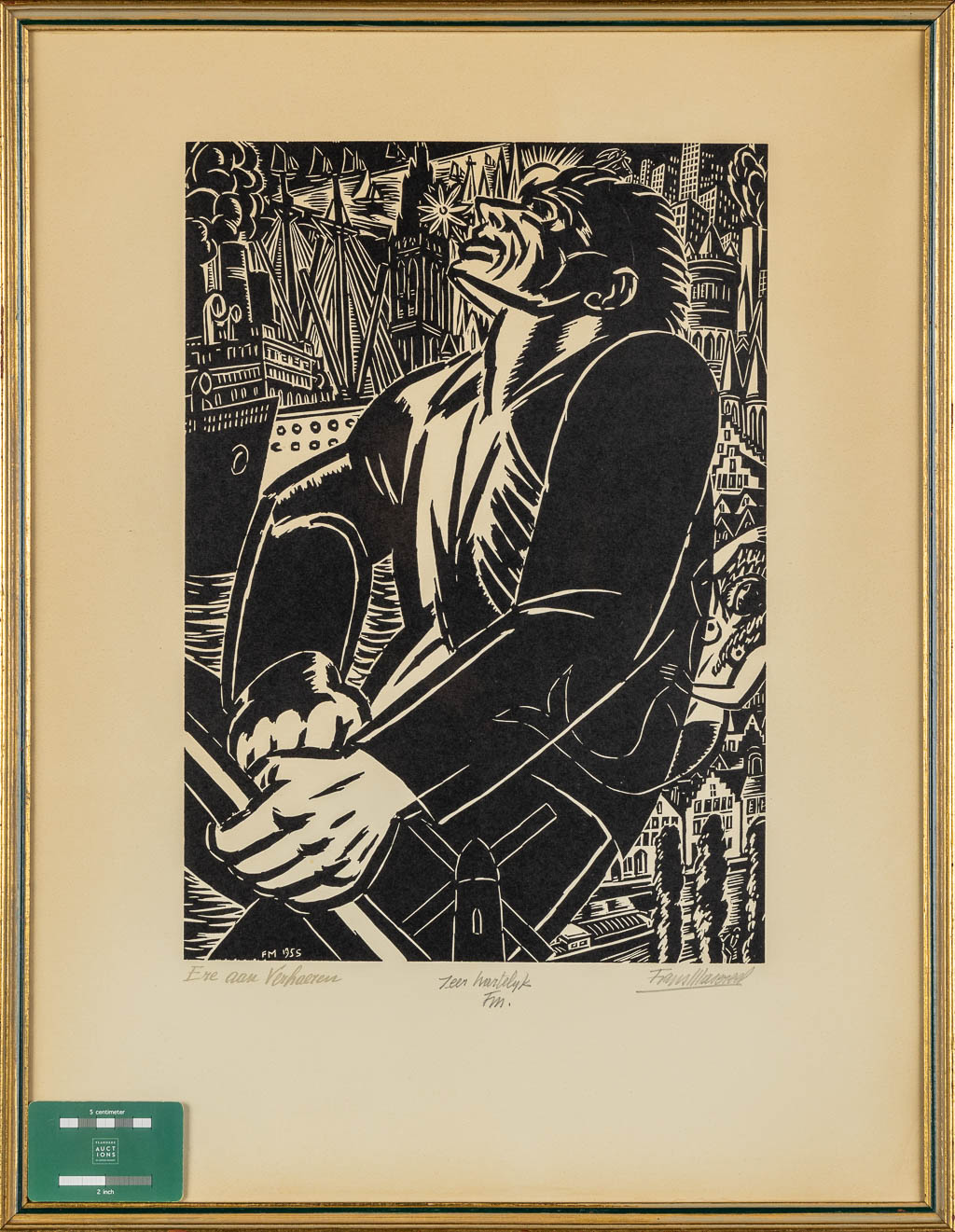 Frans MASEREEL (1889-1972) 'Ere Aan Verhaeren' een houtsnede. 1955