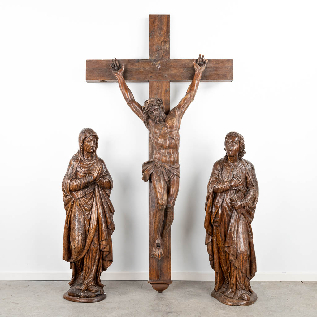 A three-piece 'Golgotha' consisting of 3 wood-sculptured statues, made during the 18th century. (H:222cm)