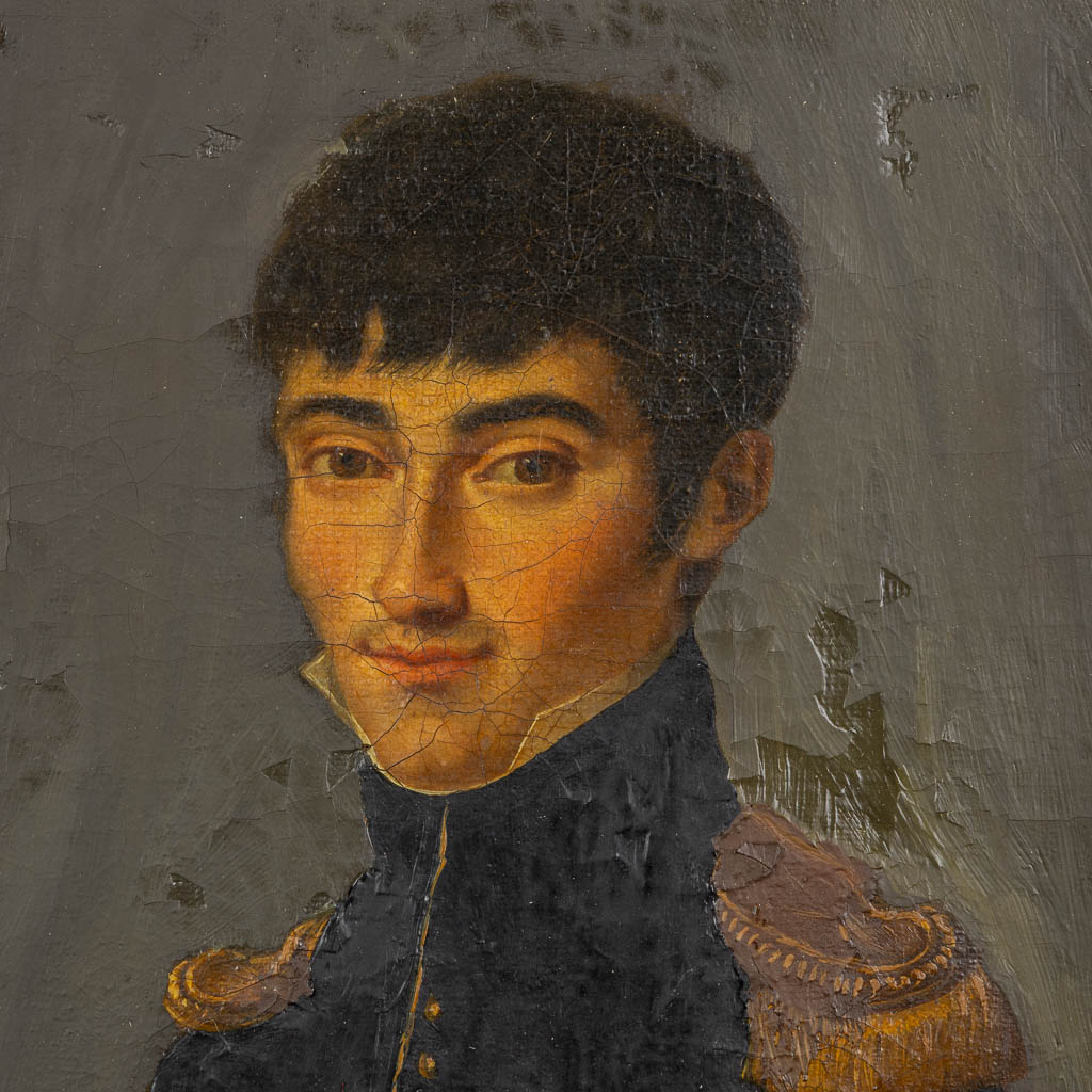 Portret van een jonge soldaat, olie op doek. Waarschijnlijk Empire periode. (W:22 x H:27 cm)