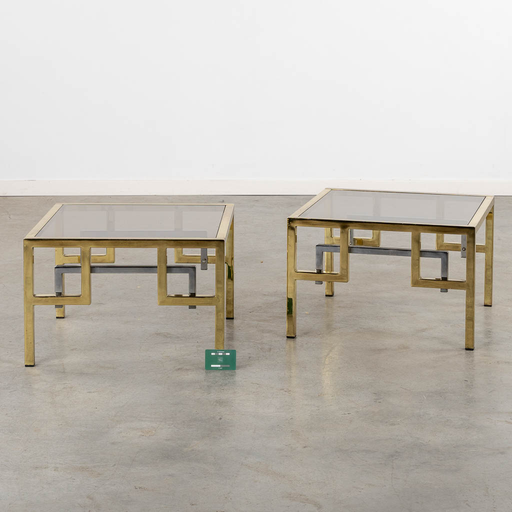 A pair of occasional side tables, gilt metal. (L:55 x W:55 x H:36 cm)
