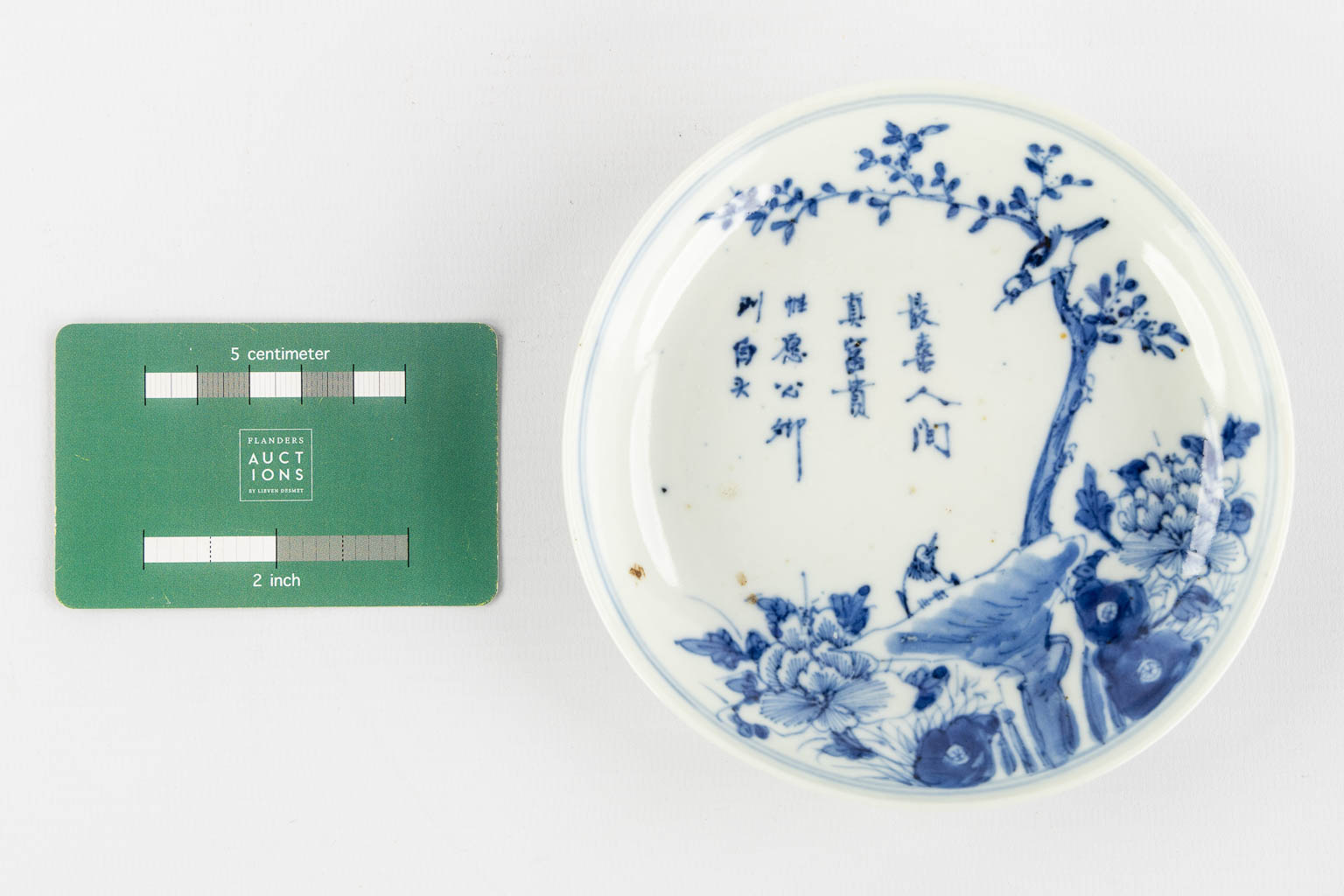 A Chinese plate, blue-white decor of fauna and flora. Kangxi mark. (H:3 x D:13,5 cm)