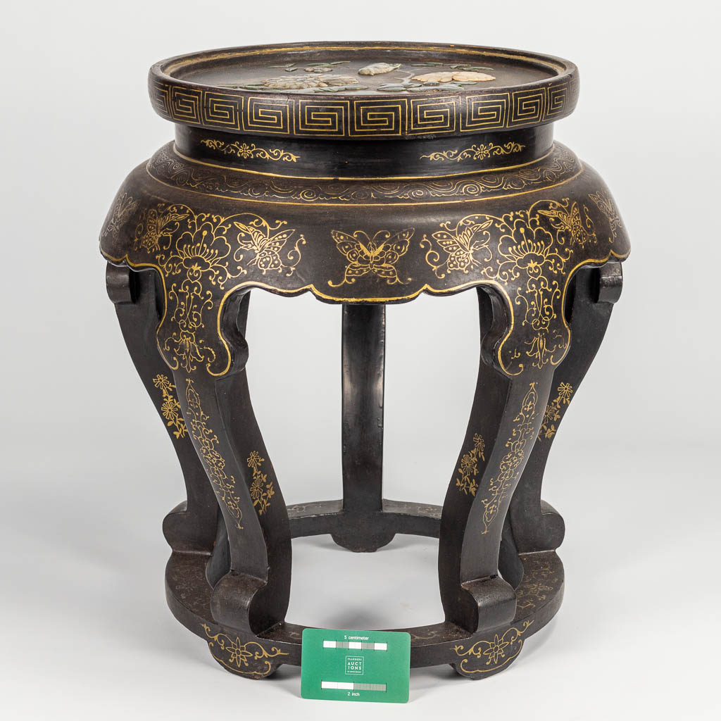 A side table made of hardwood and inlaid with Chinese hardstone