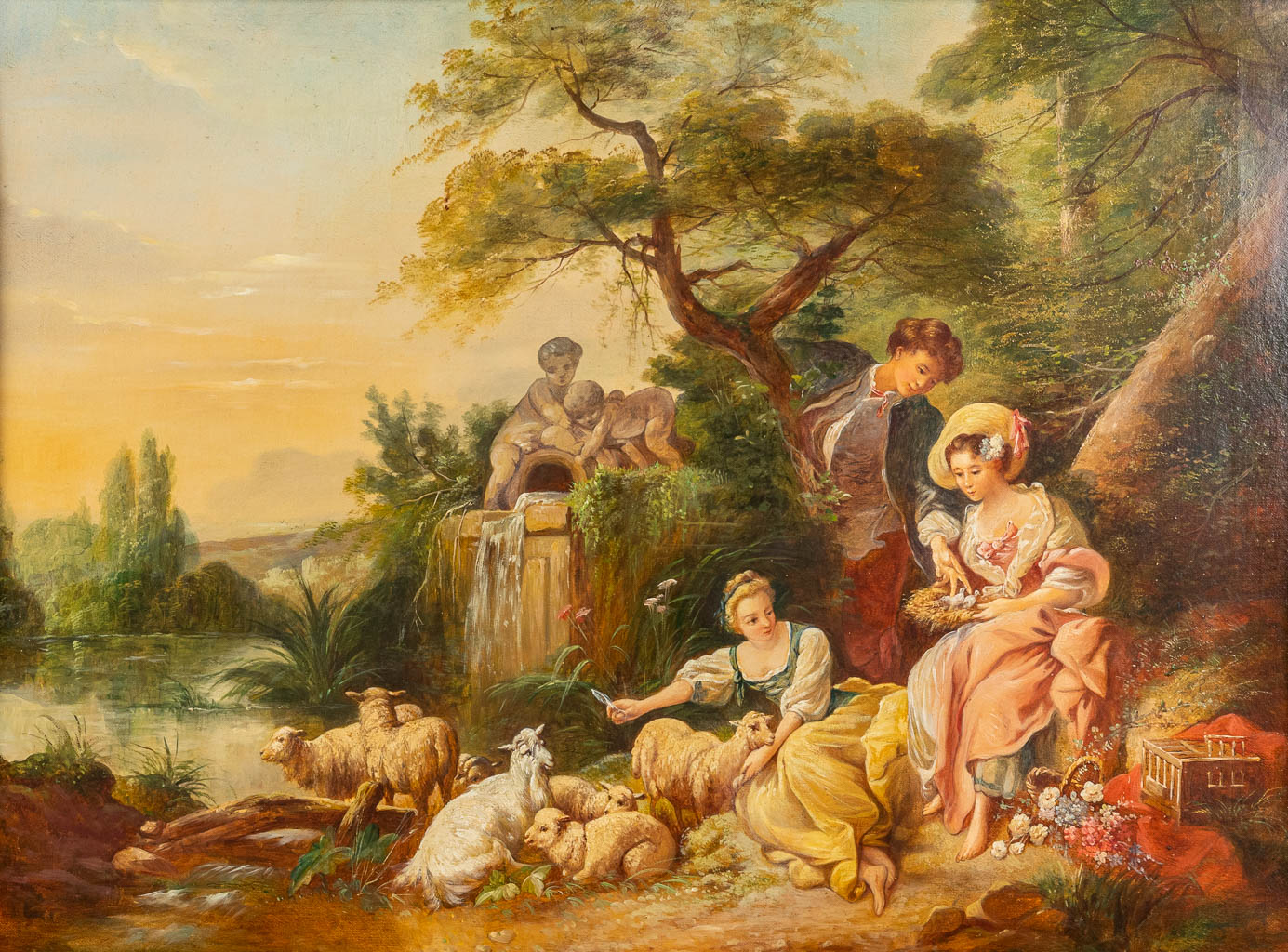 In de stijl van François BOUCHER (1703-1770) 'Het nest / Het geschenk van de herder', olie op doek.  (W:80 x H:60 cm)