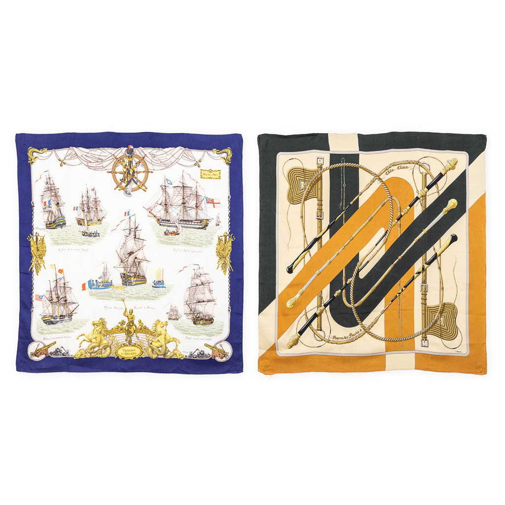 Hermès, a collection of 2 silk shawls  (L:88 x W:88 cm)