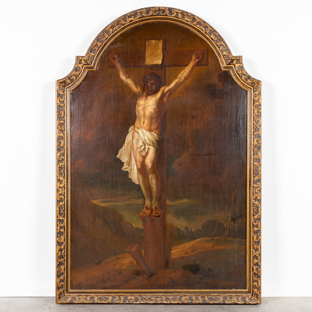 No signature found 'Golgotha' a large painting, oil on canvas. Mounted in a wood sculptured frame. (123 x cm)