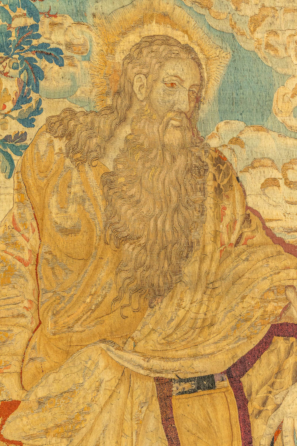 A biblical fragment of a tapestry, with 2 figurines. Made in Flanders. (H:295cm)