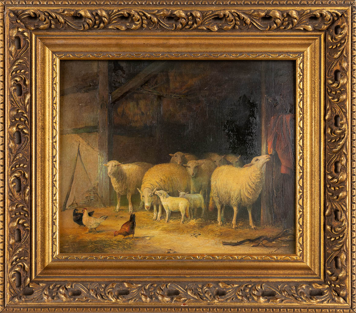 Interior of a barn with sheep, oil on panel. 19th C. Signed 