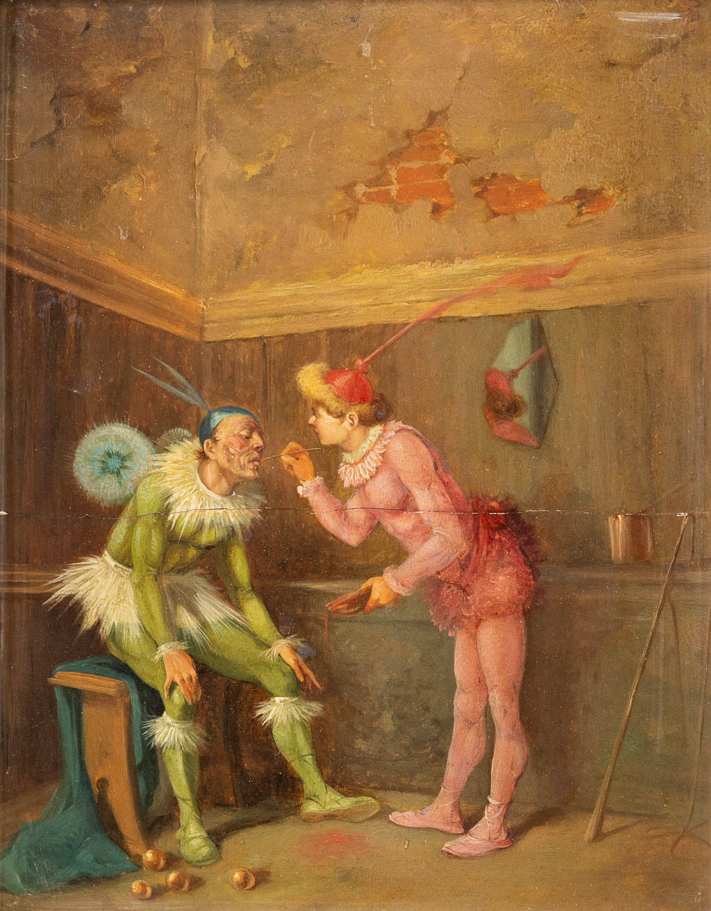 'Twee Grimerende Clowns' een antiek schilderij, olie op paneel. Geen handtekening gevonden. 19de eeuw. (24,5 x 30cm)