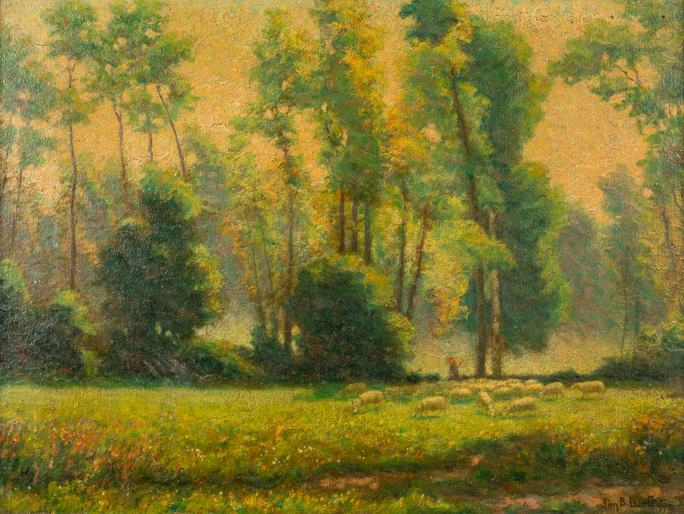 Jan-Baptist LESAFFRE (1864-1926) 'Schapen in een landschap' olie op paneel. 1919 (W:72 x H:54 cm)
