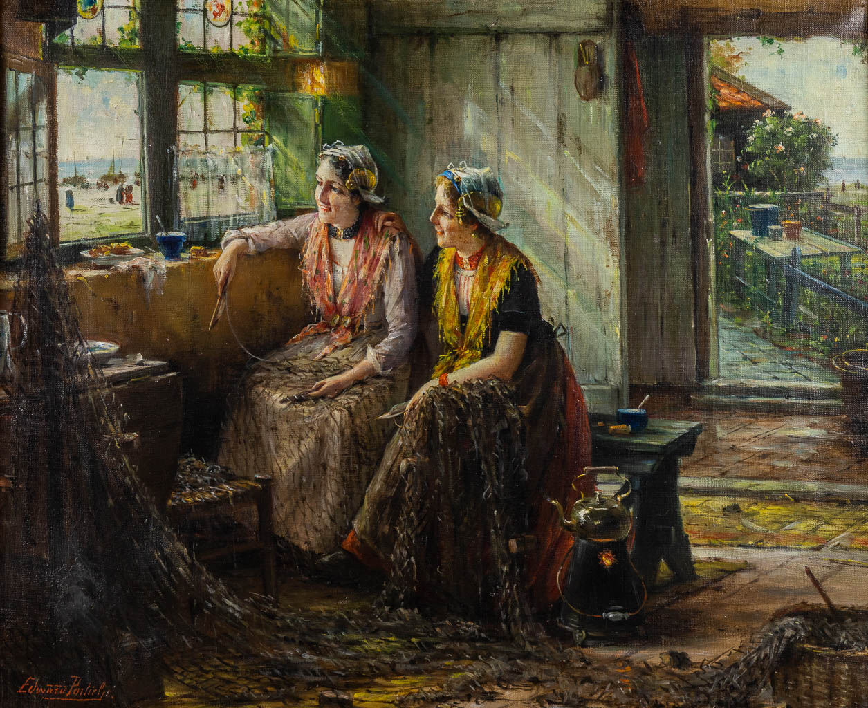 Edward Antoon PORTIELJE (1861-1949) 'Meisjes bij het raam' olie op doek. (W:55 x H:45 cm)