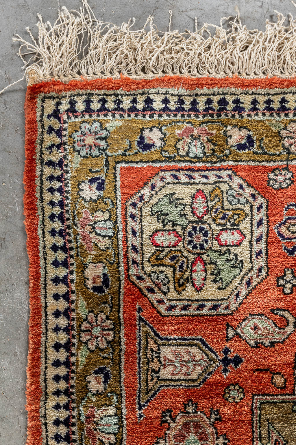 A small Oriental hand made carpet, silk, Ghoum. (D:82 x W:54 cm)