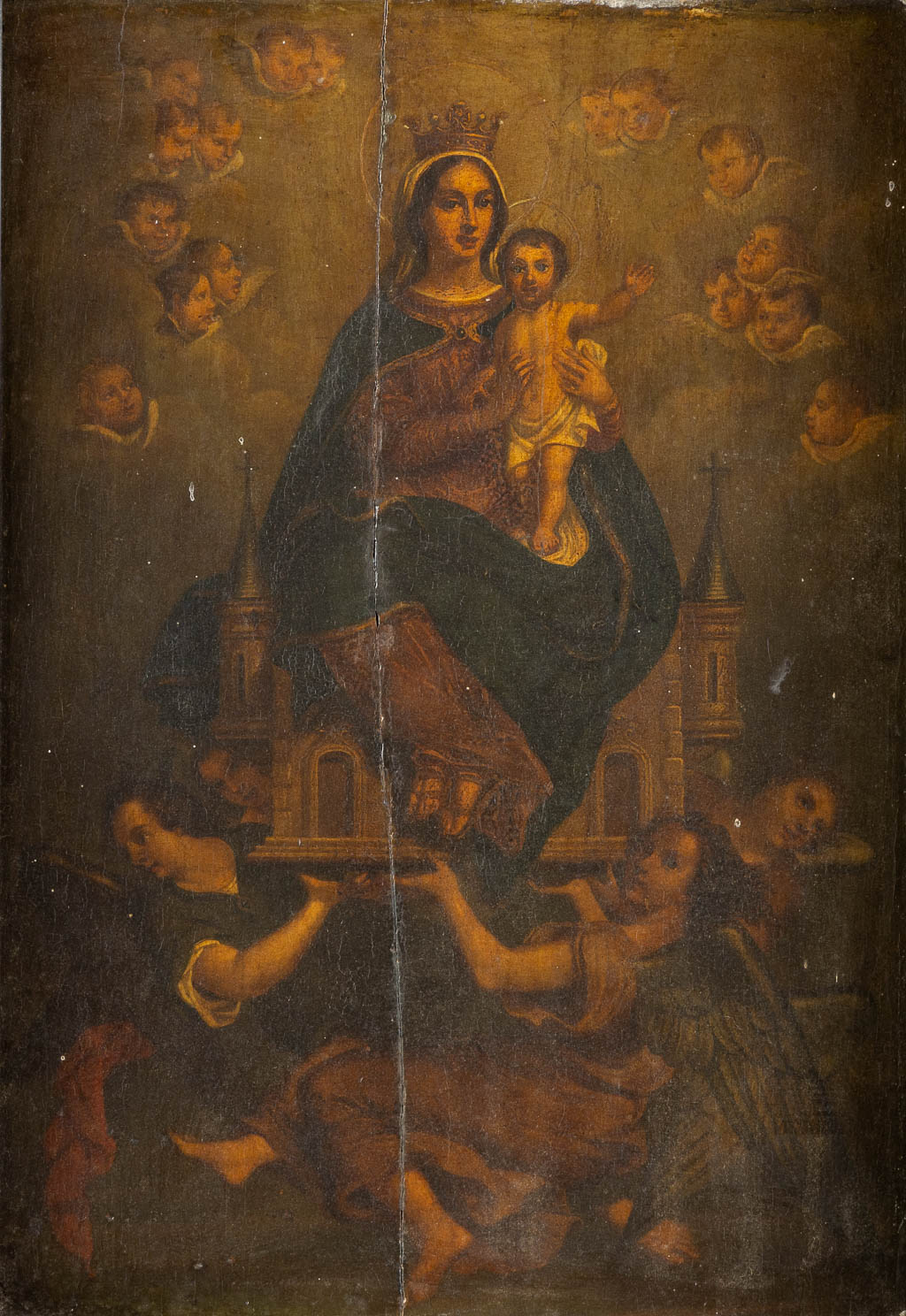 Madonna met kind, gezeten op een kasteel gedragen door Engelen. Olie op paneel. 18de eeuw. (W:32 x H:45,5 cm)