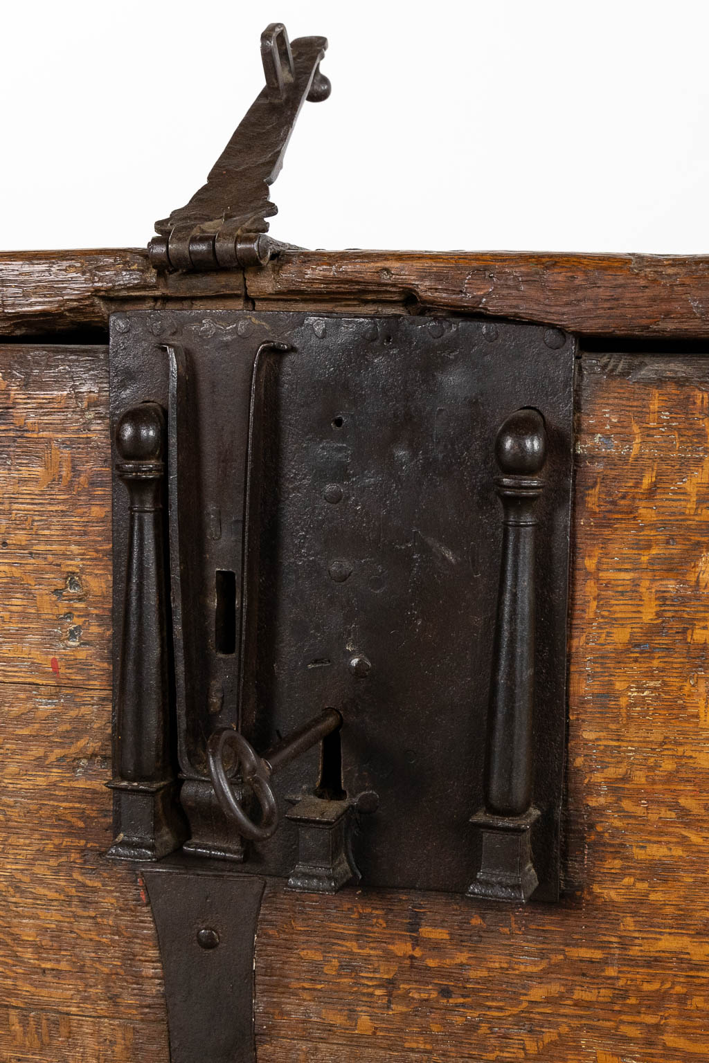 An antique Money box, wood mounted with wrought iron, circa 1500. (L:77 x W:44 x H:50 cm)