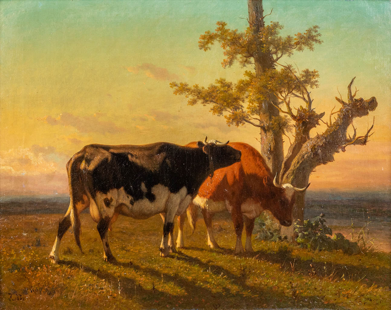 Louis ROBBE (1806-1887) 'Zonsondergang', olie op doek. 