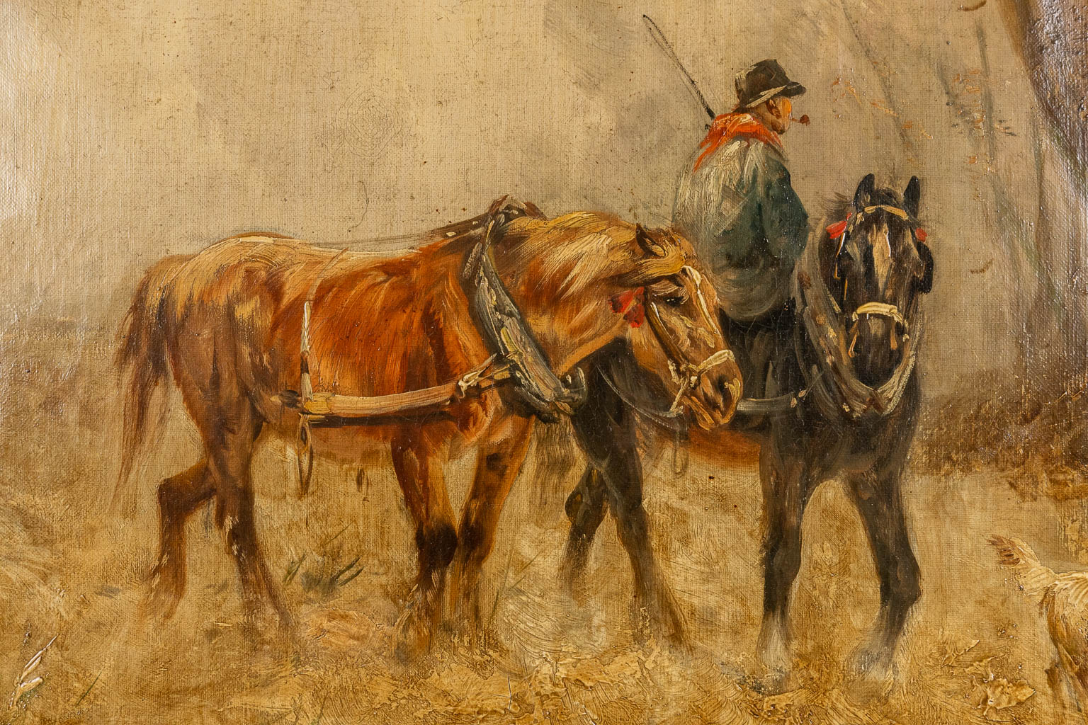 Henry SCHOUTEN (1857/64-1927) 'Horses with a farmer' oil on canvas. (W:61 x H:40 cm)