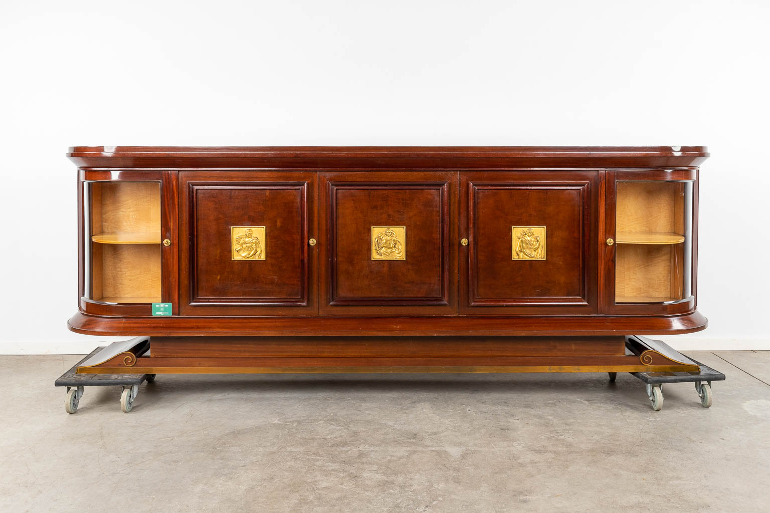Decoene, an exceptional sideboard with gilt bronze plaques. Circa 1950. (D:50 x W:300 x H:100 cm)