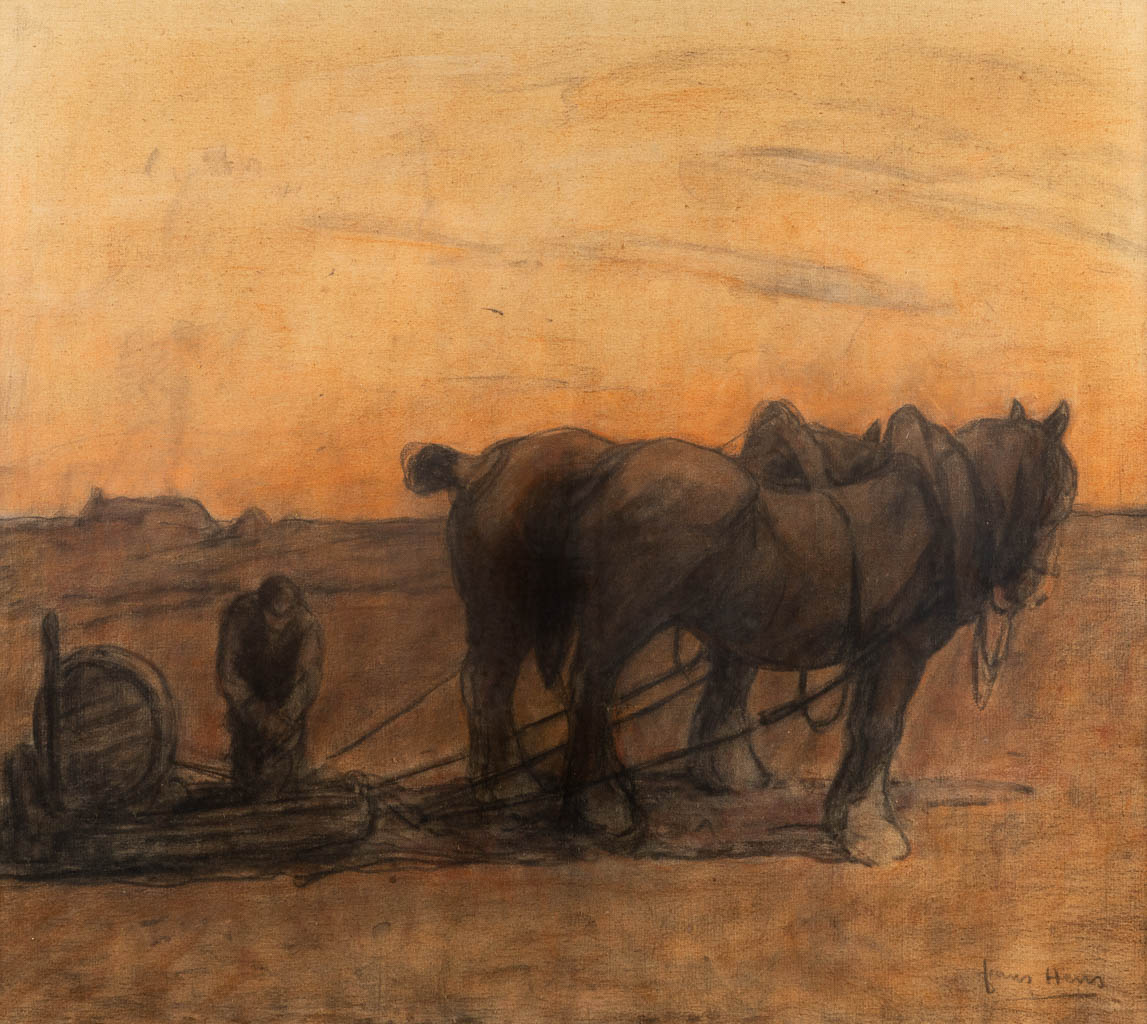 Frans HENS (1856-1928) 'Aux Champs' Houtskool op doek. (W:114 x H:100 cm)