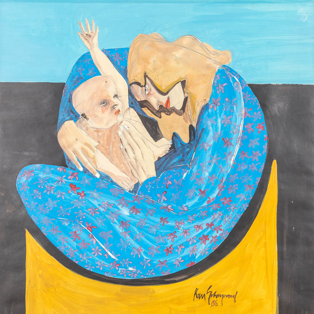 Koen SCHERPEREEL (1961-1997) 'Moeder met kind' waterverf en potlood op papier. 1986. (60 x 60 cm)