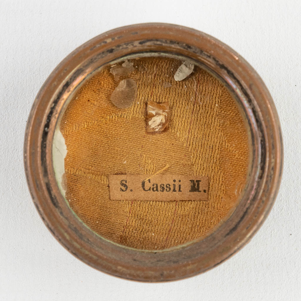 A sealed theca with a relic: Ex Ossibus Sancti Cassii martyris