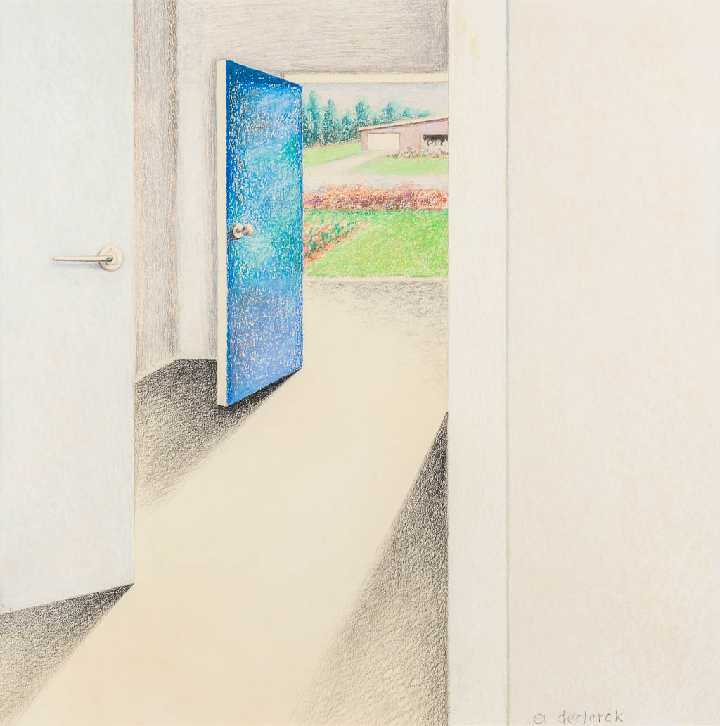 Antoon DE CLERCK (1923-2001) 'Zicht door een blauwe deur' een tekening, mixed media op papier.  (W:50 x H:51 cm)