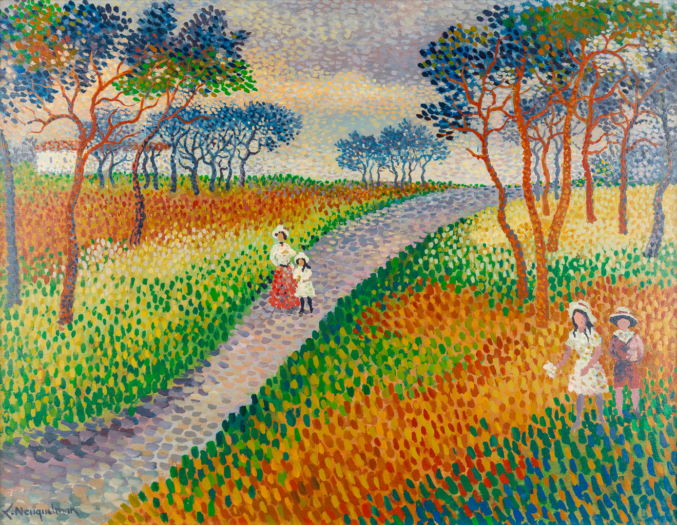 Lucien NEUQUELMAN (1909-1988) 'Wandeling in het park' olie op paneel. (W:65 x H:50 cm)