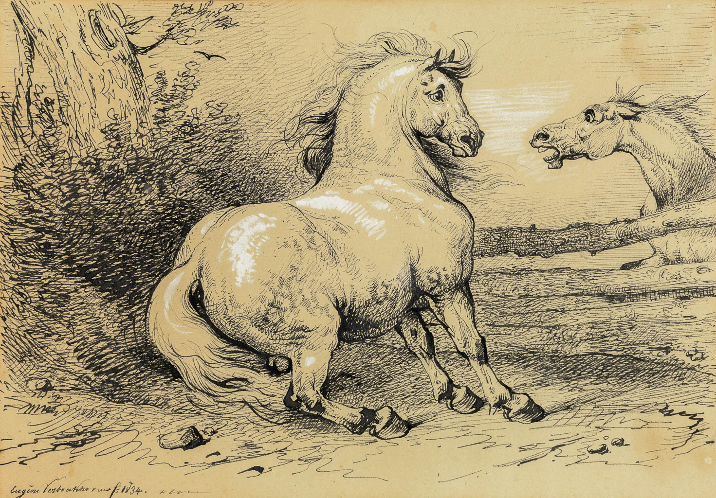  Eugène VERBOECKHOVEN (1798/99-1881) 'Paard' een tekening, 1834. 