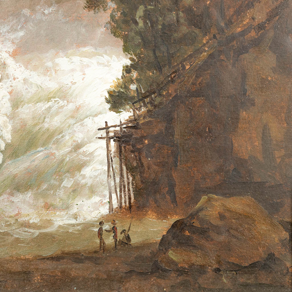 Henri VAN ASSCHE (1774-1841) 'De Waterval' een schilderij, olie op papier. (26 x 20 cm)