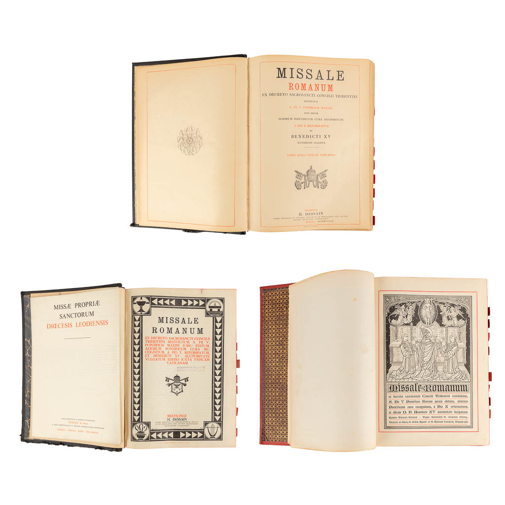 Three Missale Romanum books, 20th C. (D:6 x W:24 x H:32 cm)