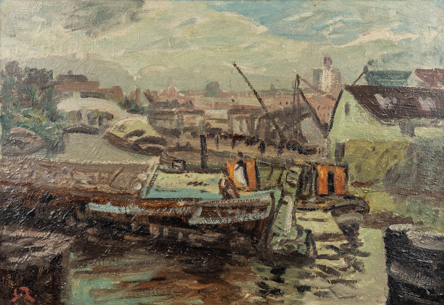 Auguste OLEFFE (1867-1931) 'Havenzicht' een schilderij, olie op doek. (48 x 70 cm)
