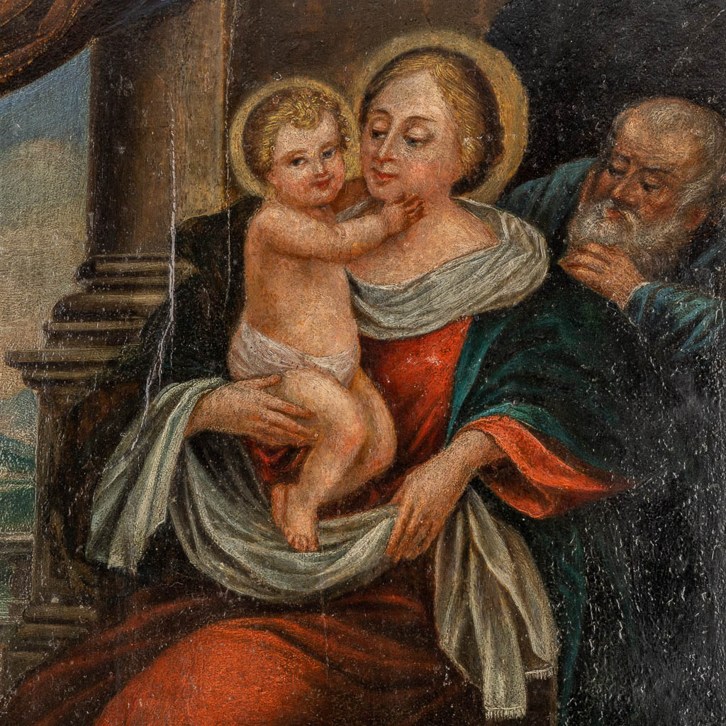 Madonna met kind, een antiek schilderij, olie op paneel. 17de eeuw. (W:35,5 x H:51 cm)