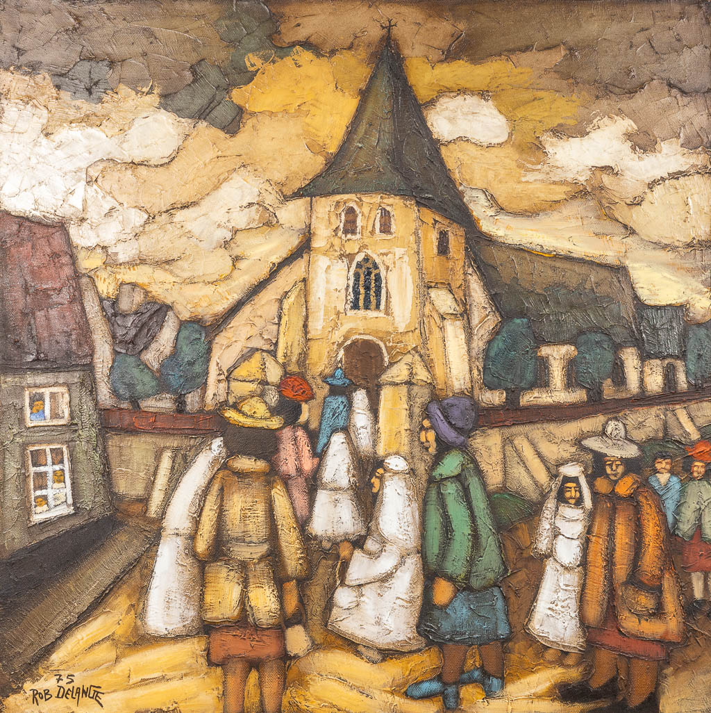 Rob DE LANGE (XX-XXI) 'Communie in het dorp' een schilderij, olie op doek. 1975. (80 x 80 cm)
