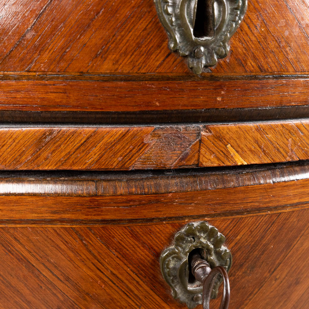 A small two-dawer cabinet with brass gallery and a marble top. Transition, 18th C. (D:30 x W:42 x H:72,5 cm)