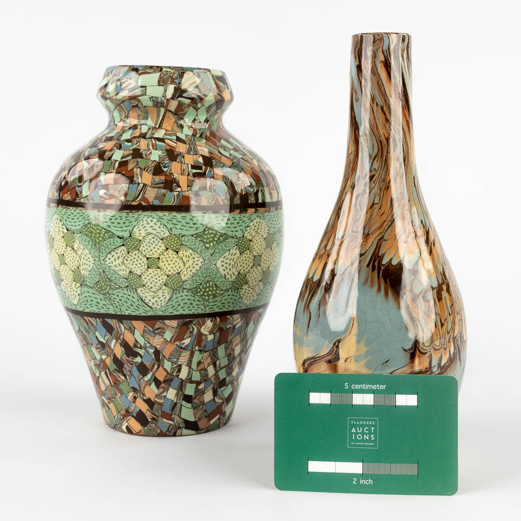 Four decorative vases, glazed and mosaic ceramics, Amphora Austria, Vallauris. (D:17 x W:19 x H:36 cm)