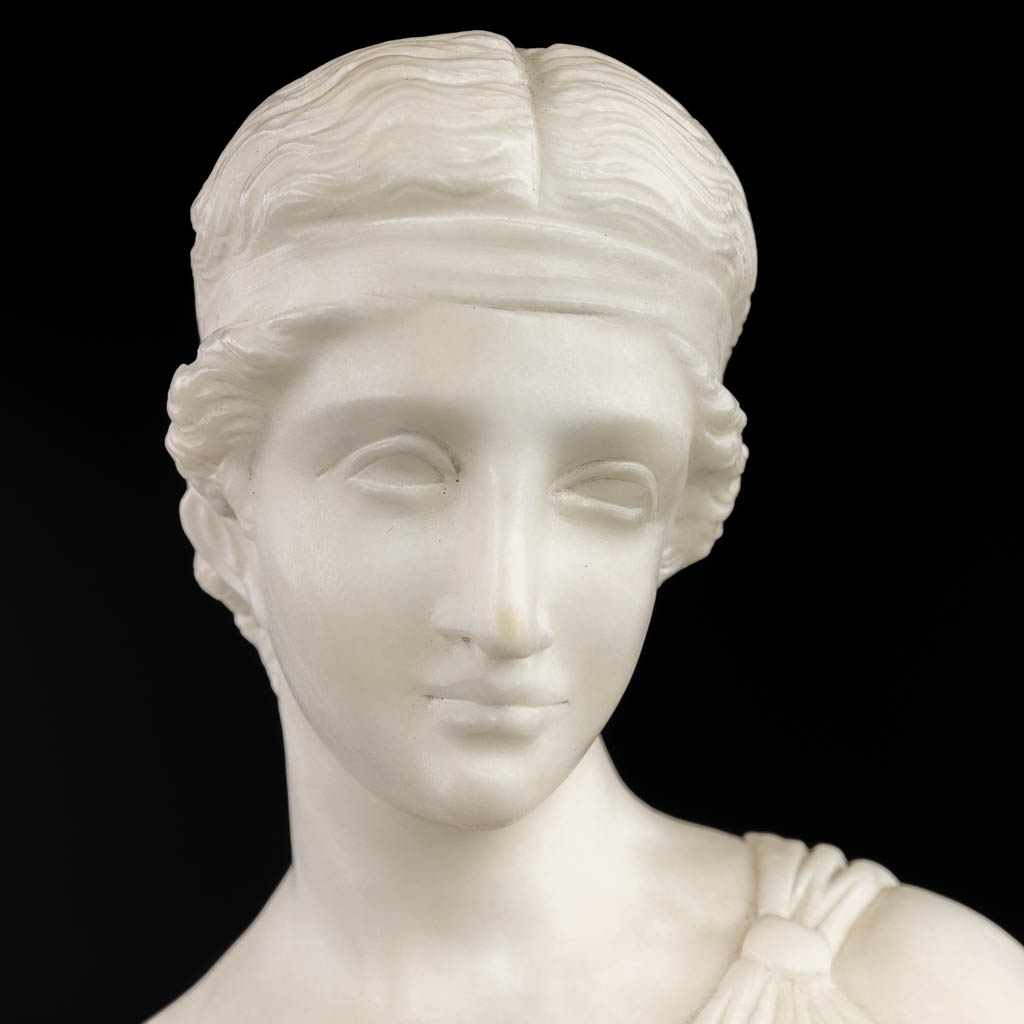 A classical statue of a Greek lady with a jug and bowl, made of sculptured Carrara marble. (H:74cm)