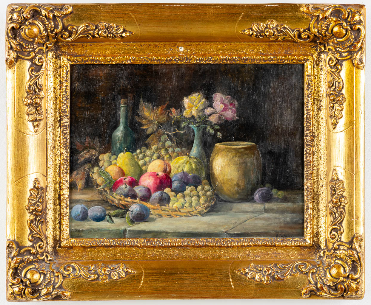 Stilleven met fruit, olie op paneel. Getekend A. Wery. (W:33,5 x H:26 cm)