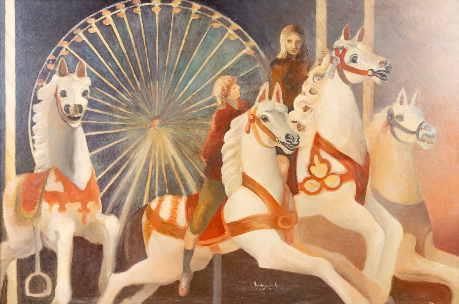 Yvo VANDERZANDE (XX) 'De Caroussel' een schilderij, olie op paneel. 1981. (144 x 96 cm)