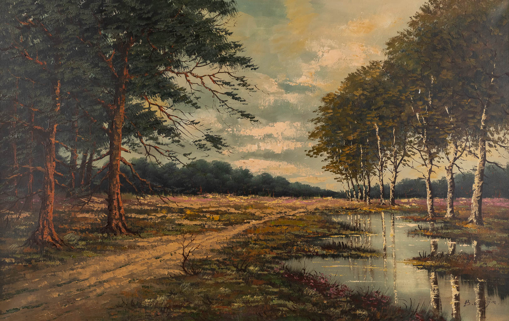  Zicht op de heide met berkenbomen, olie op doek. Getekend B. Van Rijn. 20ste eeuw. (W:110 x H:70 cm)