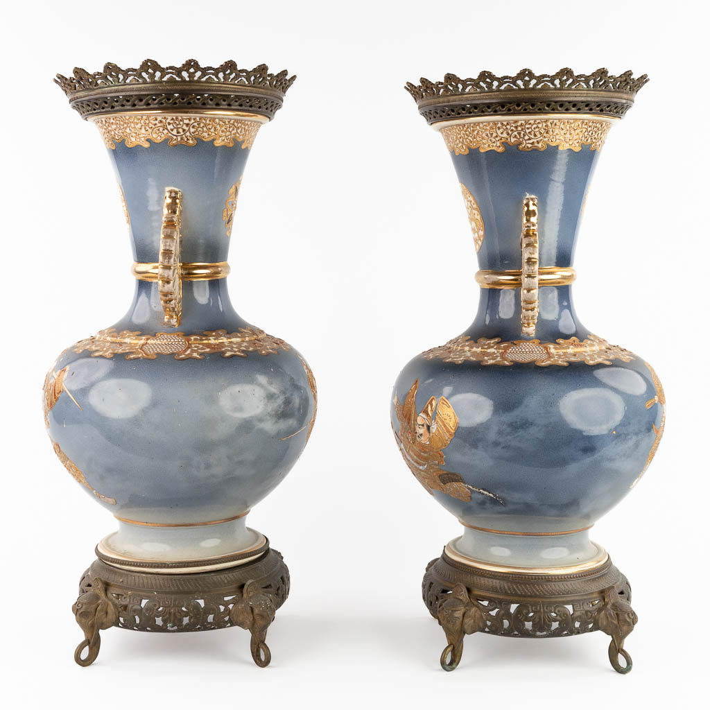 A pair of Japanese Satsuma vases, mounted with brass. Circa 1900. (H:58 x D:26 cm)