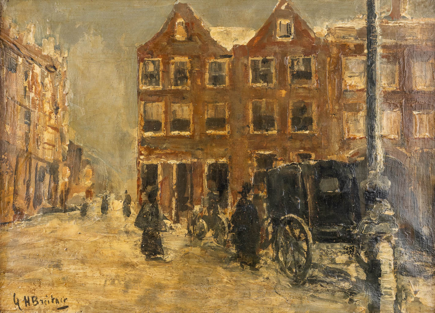 Georg Hendrik BREITNER (1857-1923) 'Sneeuw in Den Haag' olie op doek. (W:34 x H:25 cm)