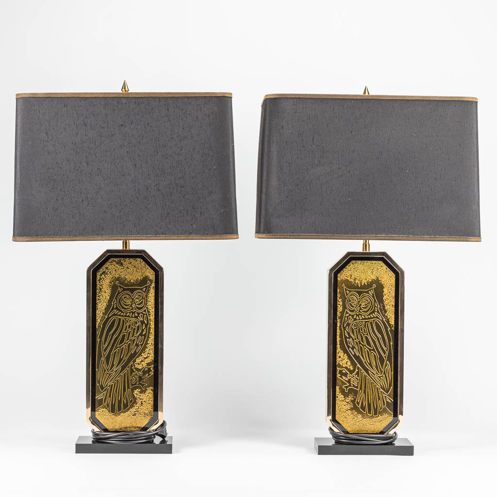 Georges MATHIAS (XX) Een paar tafellampen met afbeeldingen van uilen