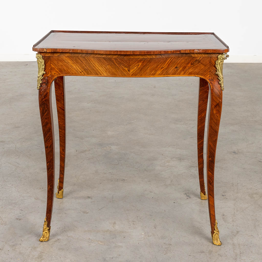 An antique side table, Louis XV, marquetry mounted with bronze and marble, 18th C. (D:43 x W:64 x H:67 cm)