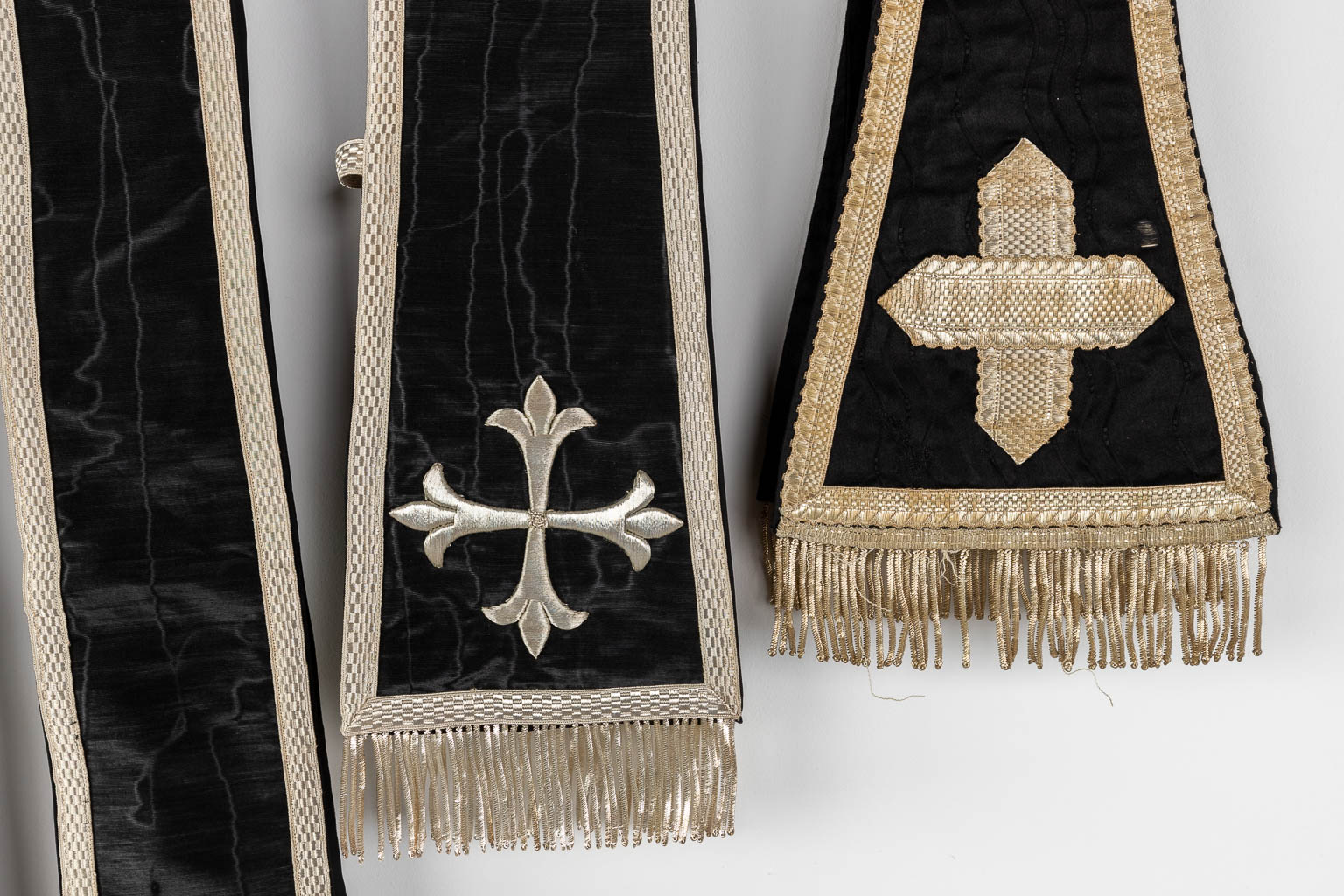 Two Roman Chasubles, Stola and Chalice veil, thick gold thread embroideries.