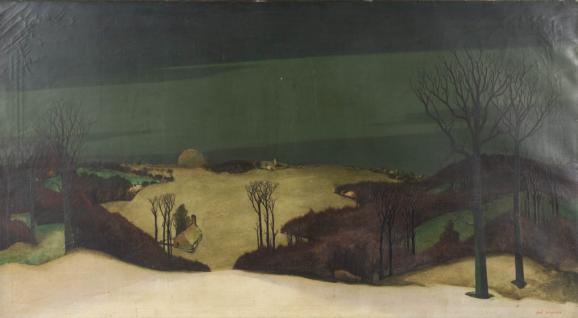 Staf STIENTJES (1883-1974) 'Winterlandschap' olie op doek. (W:154 x H:85,5 cm)