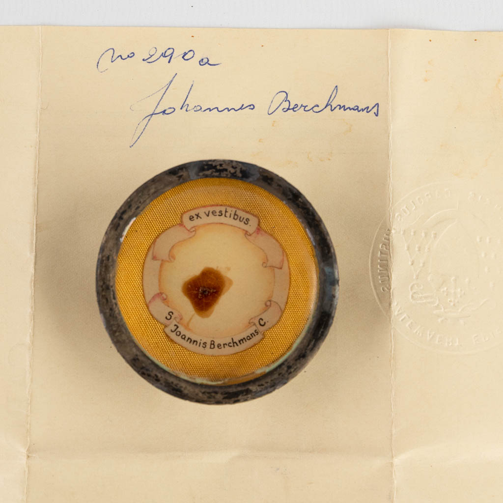 A sealed theca with a relic: Ex Vestibus Joannis Berchmans Confessoris