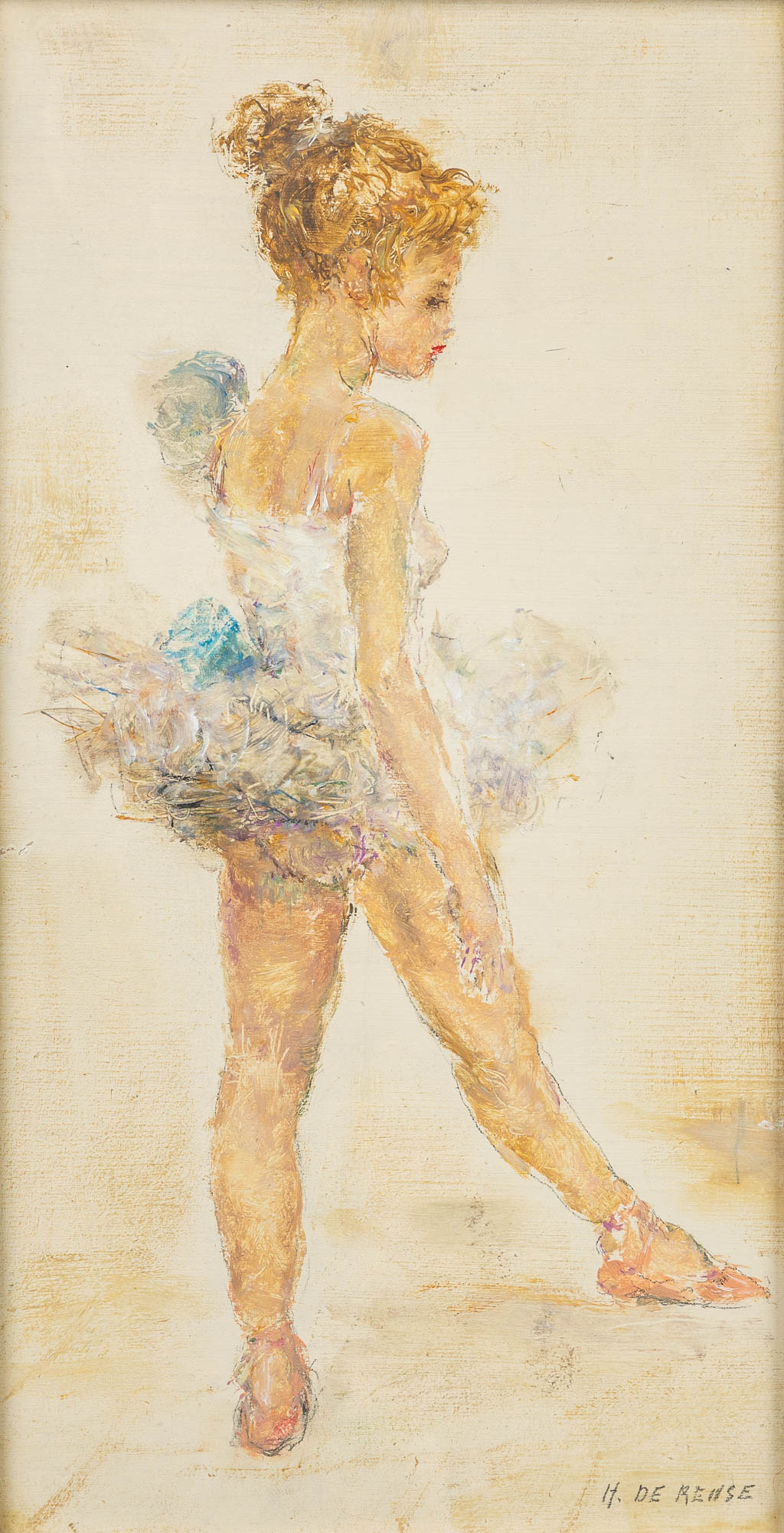 Hélène DE REUSE (1892-1979) 'Ballerina' een schilderij, olieverf op paneel. (18 x 34 cm)
