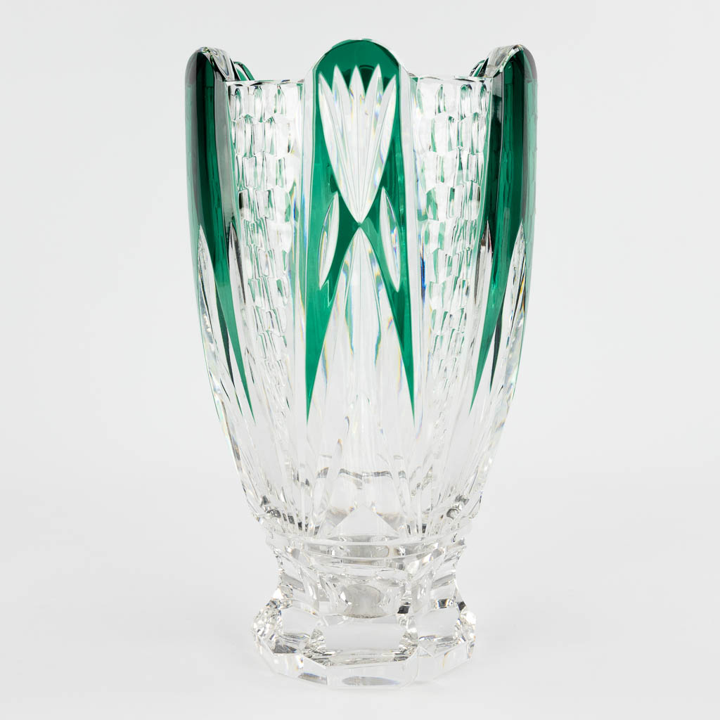 Val Saint Lambert, a large green cut crystal vase. (H:33 x D:19 cm)