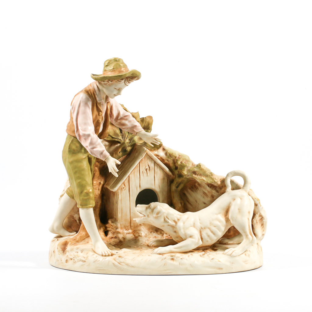  Royal Dux Porcelain Statue, Boy with Dog